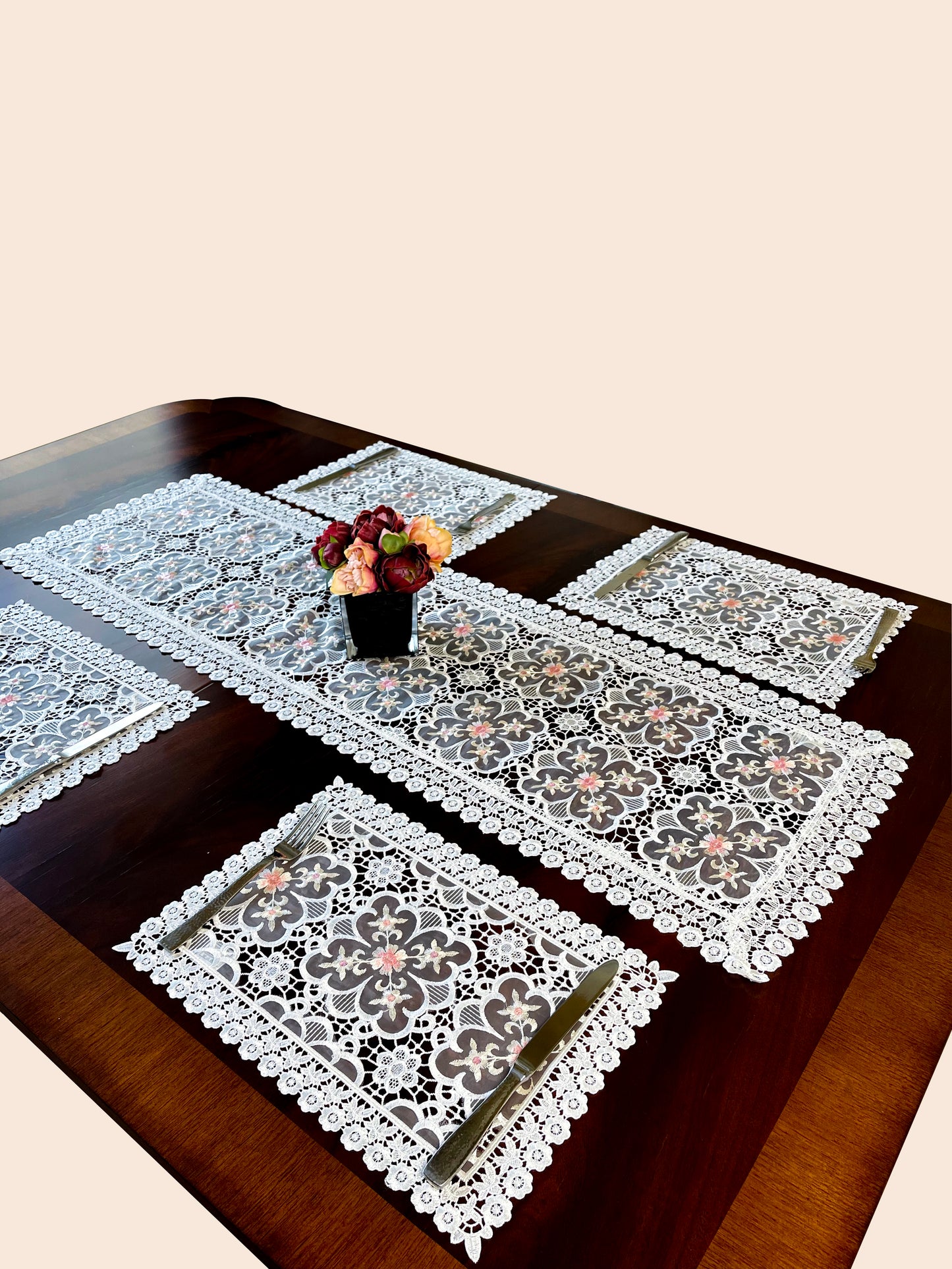 Floris Linens Doris European Lace Pattern Placemat with Pink Floral Embroidery, White