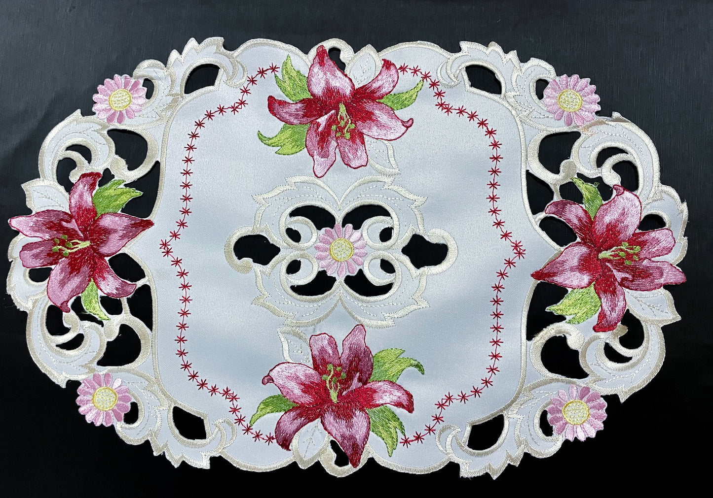 Floris Linens Maya Lily Embroidered Placemat with Intricate Cutwork Embroidery