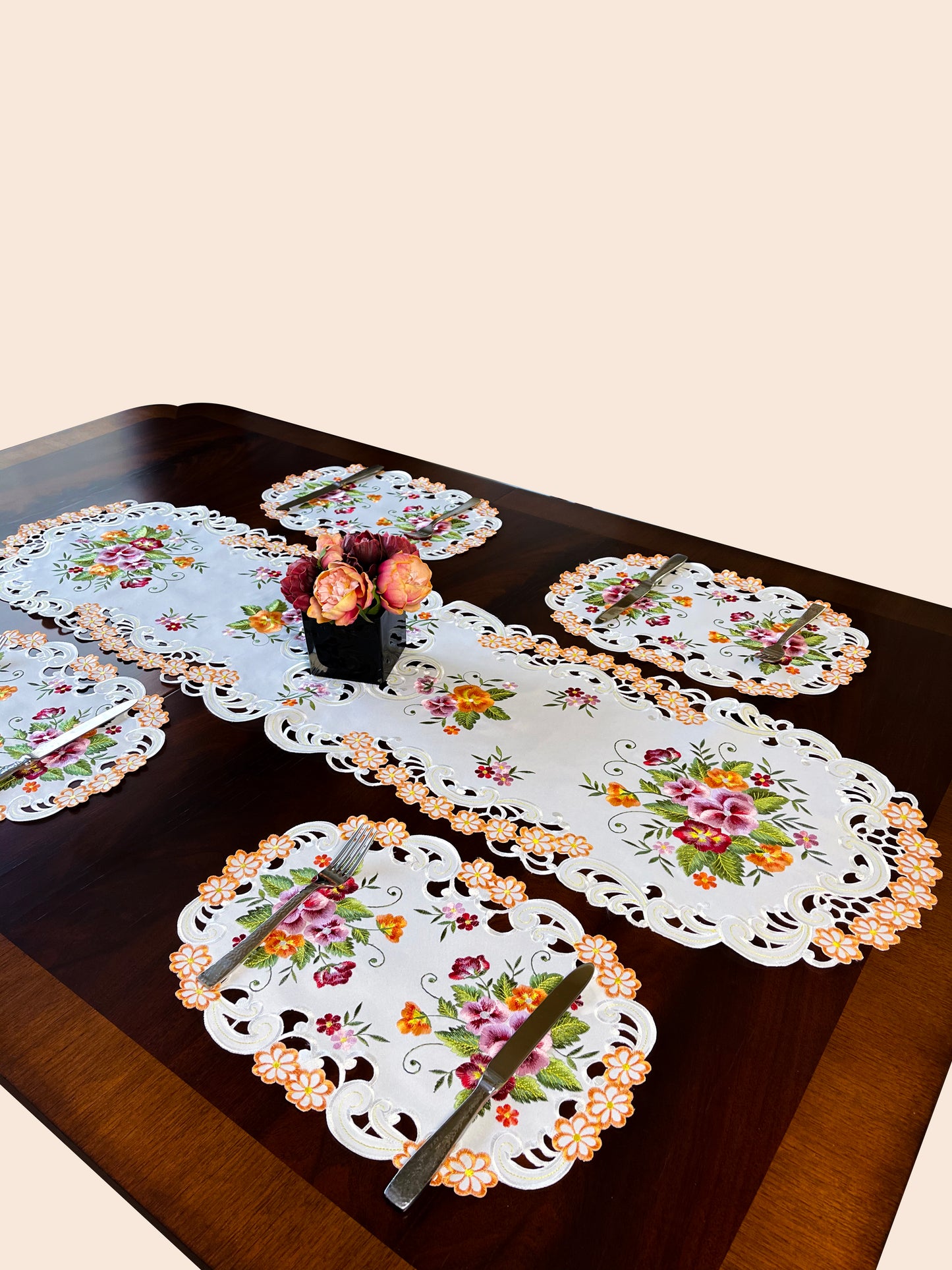 Floris Linens Paisley Placemat with Beautifully Embroidered Flowers on Cutwork Table Linen