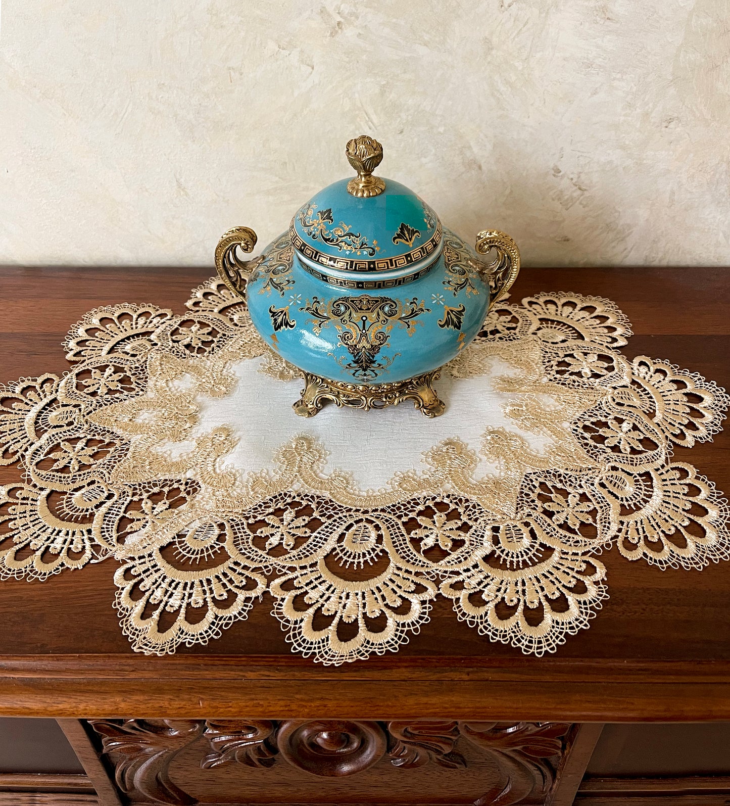 Floris Linens Ellen Victorian Embroidered Placemat with Classic Golden Lace and High Quality White Fabric