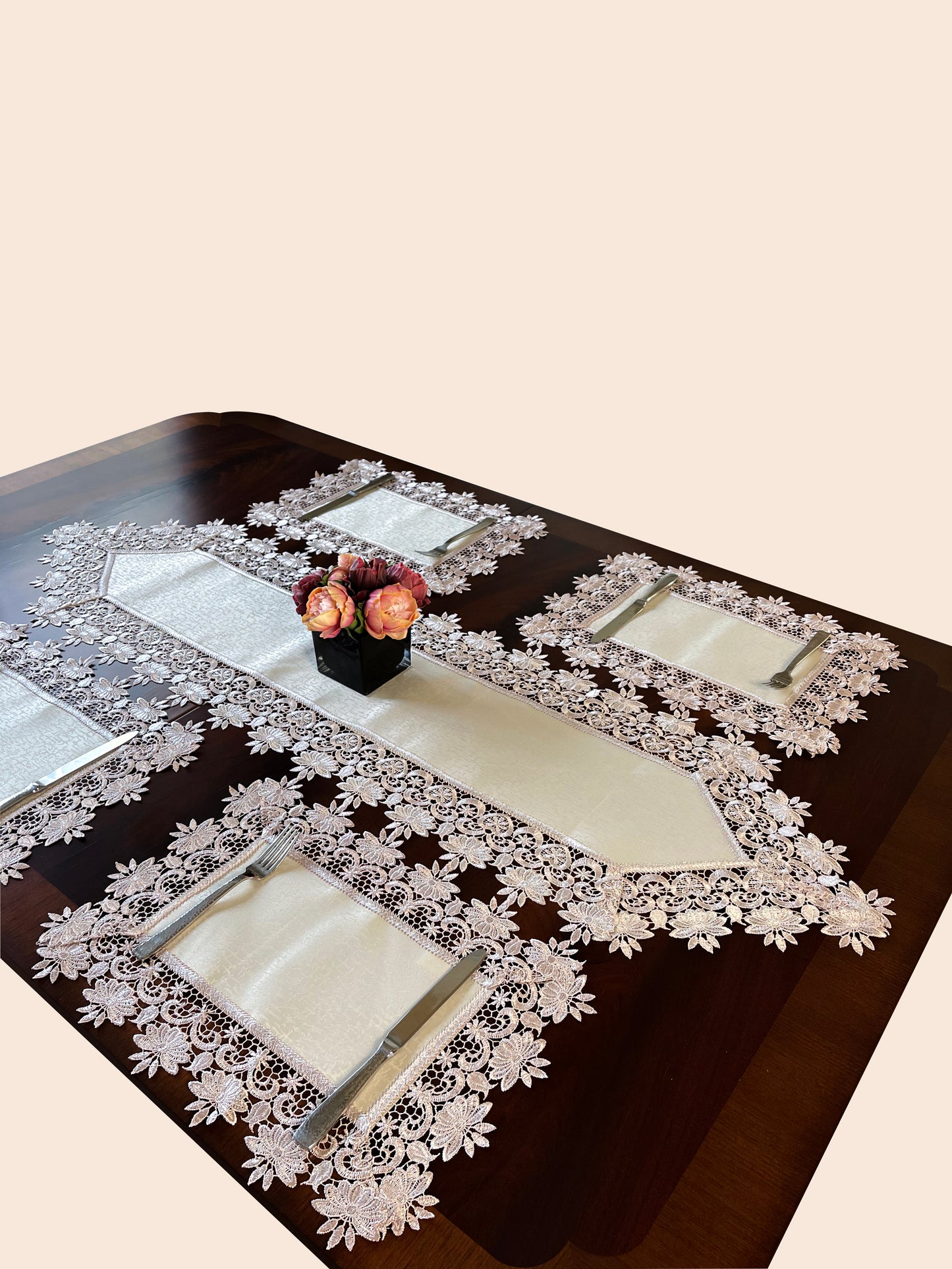 Floris Linens Susan Victorian Embroidery Placemat with Classic Lilac Lace on Ivory Fabric