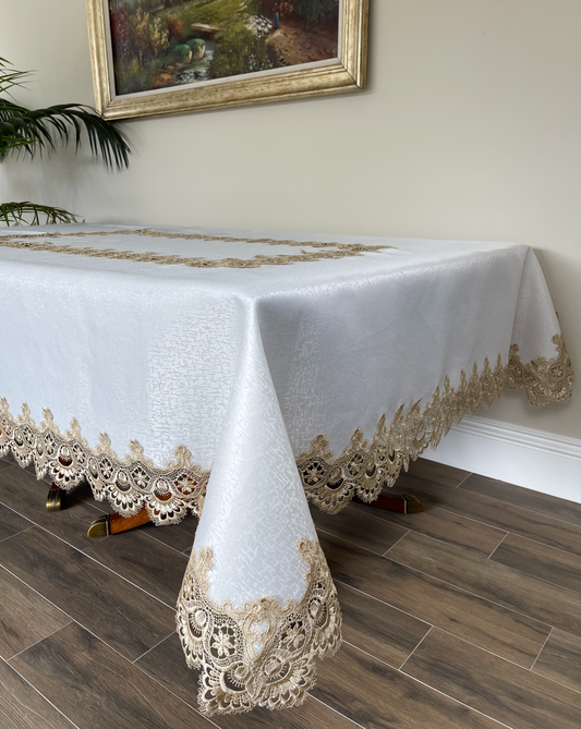 Floris Linens Ellen Victorian Embroidered Tablecloth with Classic Golden Lace and High Quality White Fabric