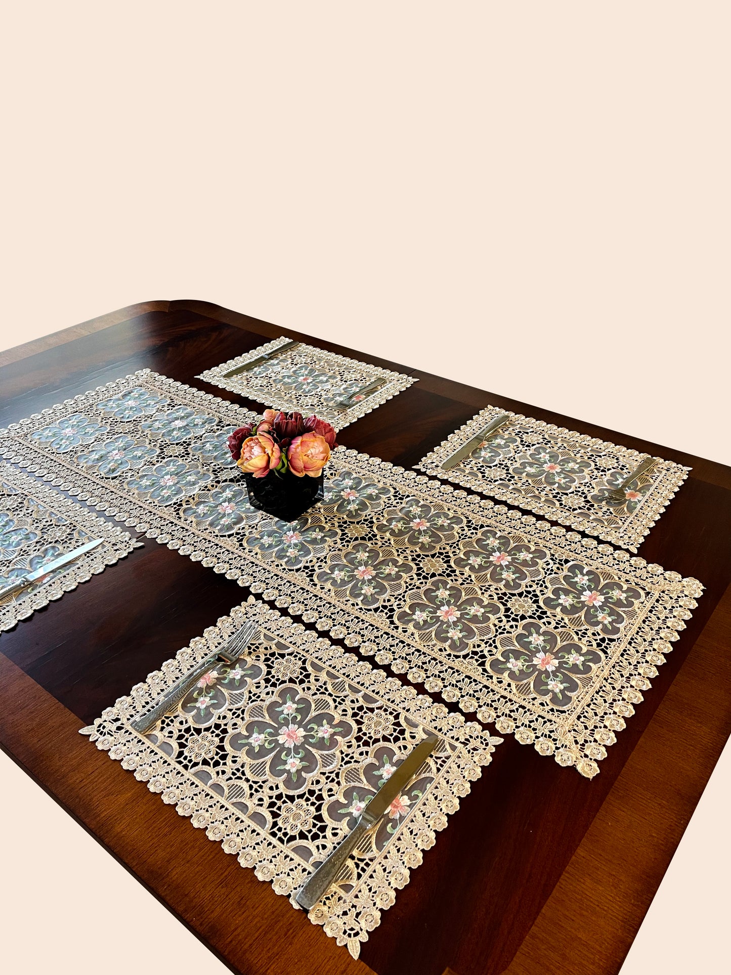 Floris Linens Doris European Lace Pattern Placemat with Pink Floral Embroidery, Beige