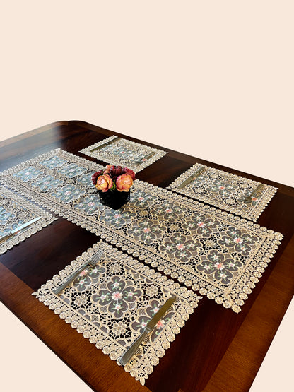 Floris Linens Doris European Lace Pattern Placemat with Pink Floral Embroidery, Beige