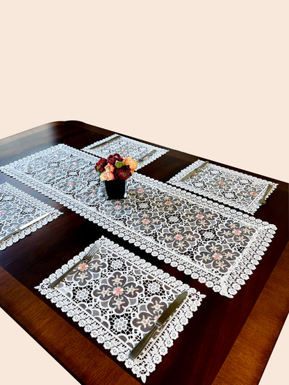 Floris Linens Doris European Lace Pattern Placemat with Pink Floral Embroidery, White