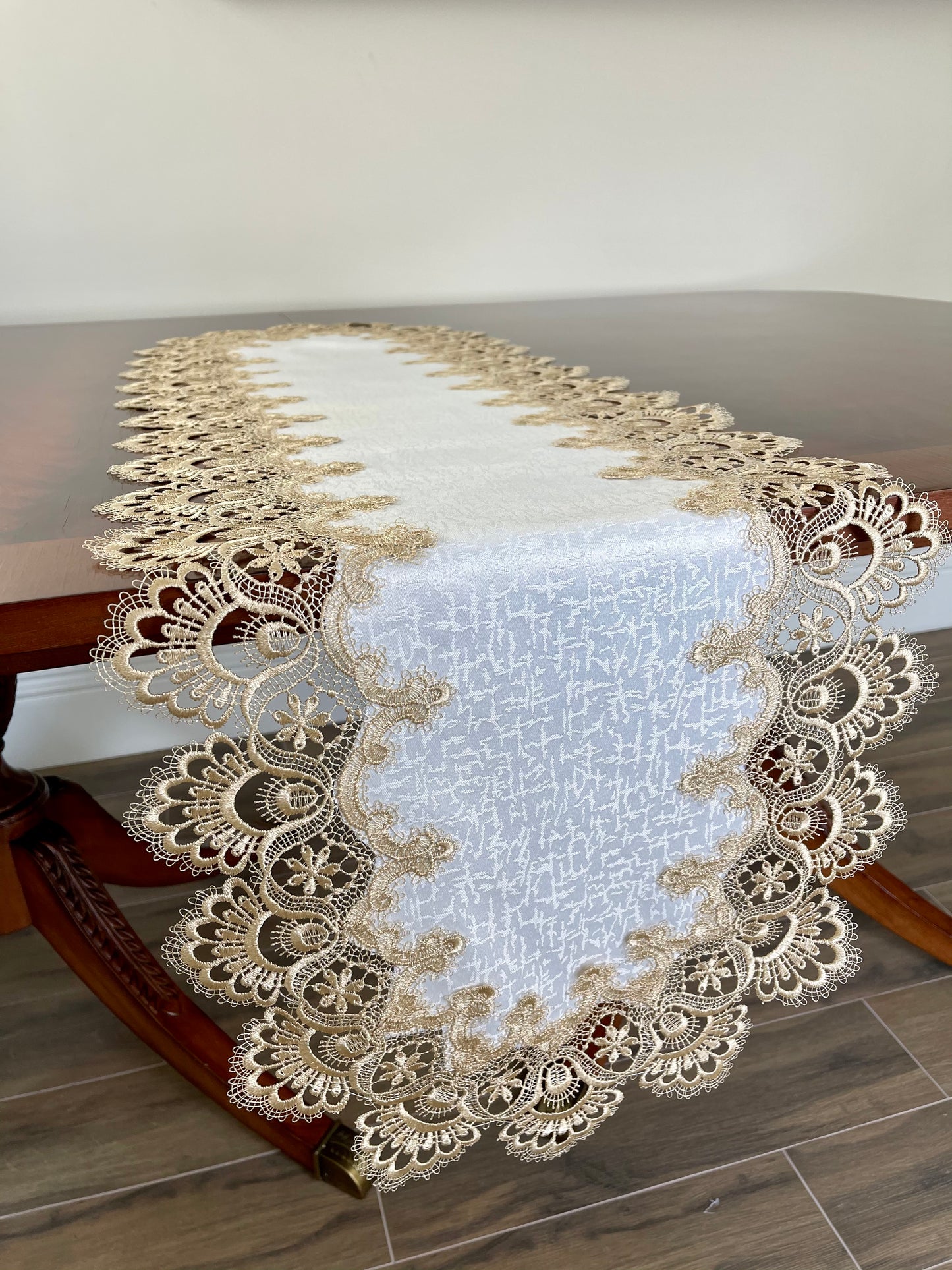 Floris Linens Ellen Victorian Embroidered Table Runner with Classic Golden Lace and High Quality White Fabric