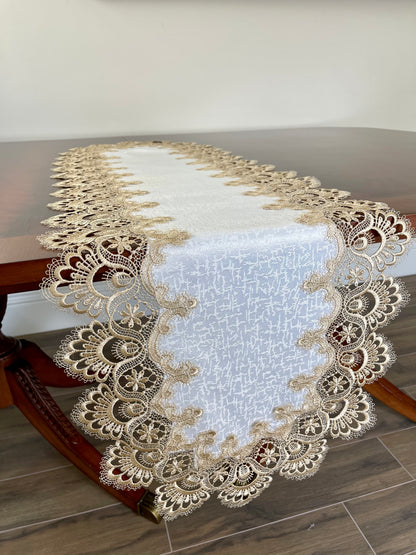 Floris Linens Ellen Victorian Embroidered Table Runner with Classic Golden Lace and High Quality White Fabric