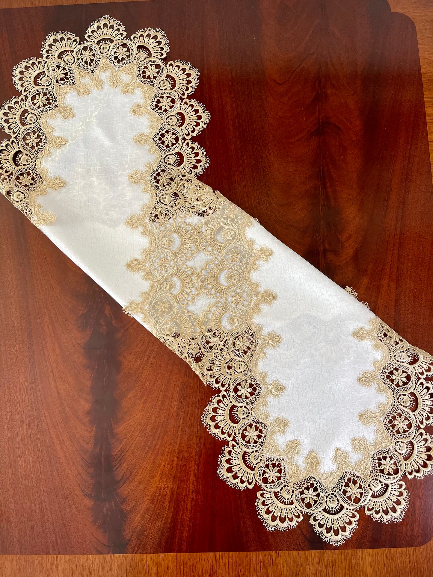 Floris Linens Ellen Victorian Embroidered Table Runner with Classic Golden Lace and High Quality White Fabric