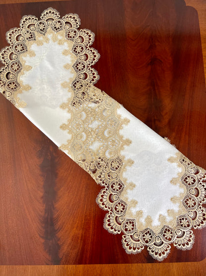 Floris Linens Ellen Victorian Embroidered Table Runner with Classic Golden Lace and High Quality White Fabric