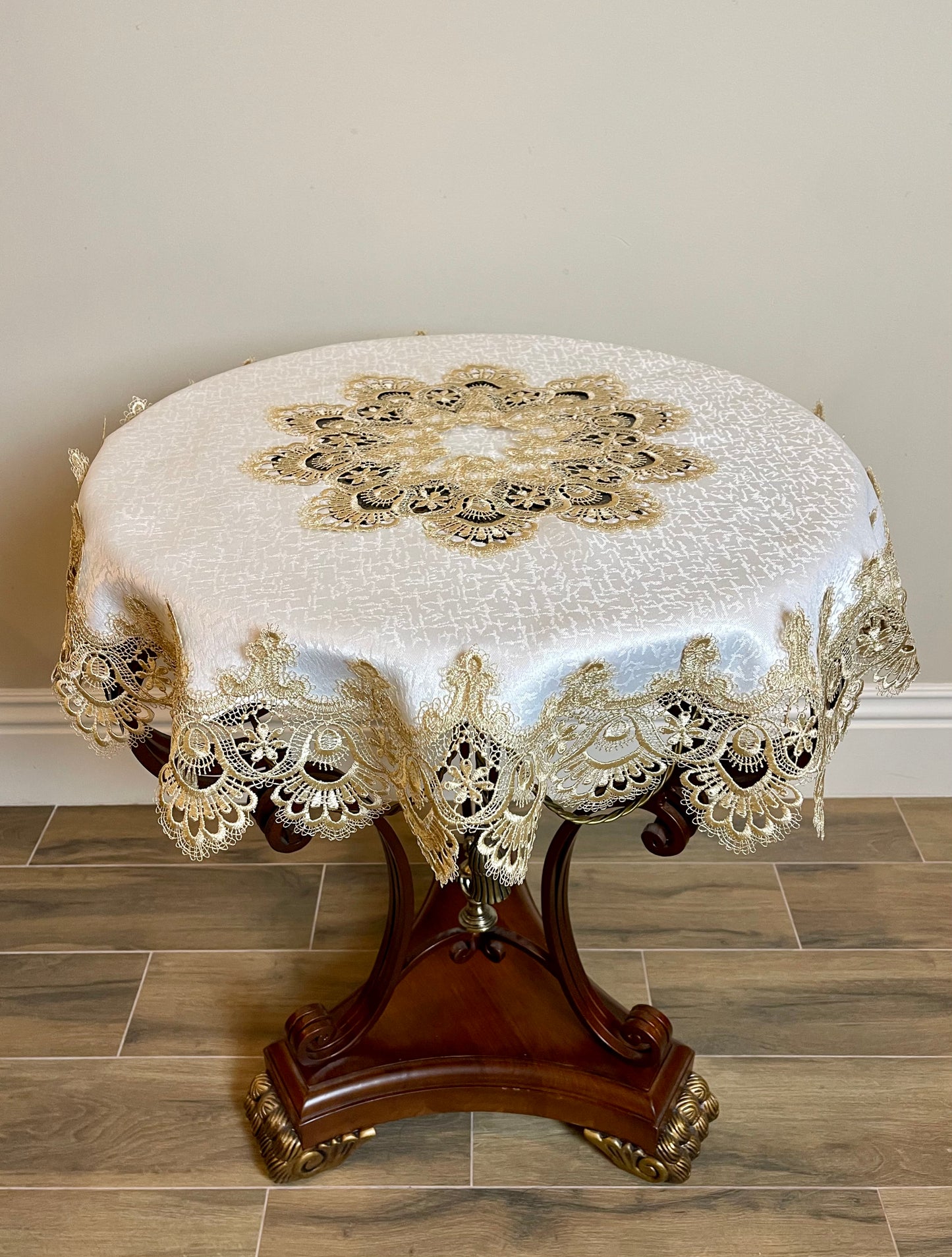 Floris Linens Ellen Victorian Embroidered Table Topper with Classic Golden Lace and High Quality White Fabric