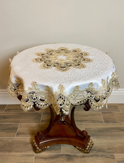 Floris Linens Ellen Victorian Embroidered Table Topper with Classic Golden Lace and High Quality White Fabric