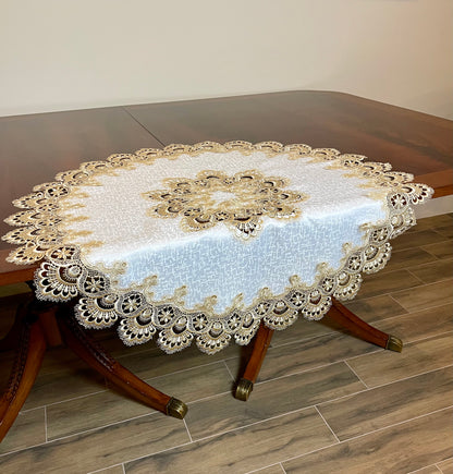 Floris Linens Ellen Victorian Embroidered Table Topper with Classic Golden Lace and High Quality White Fabric