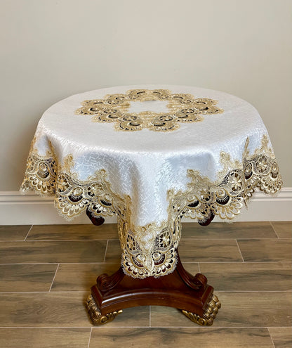 Floris Linens Ellen Victorian Embroidered Table Topper with Classic Golden Lace and High Quality White Fabric