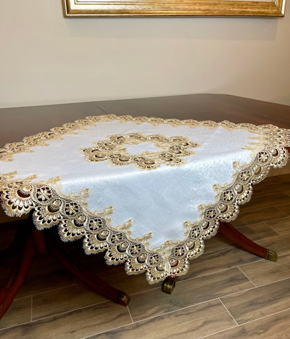 Floris Linens Ellen Victorian Embroidered Table Topper with Classic Golden Lace and High Quality White Fabric
