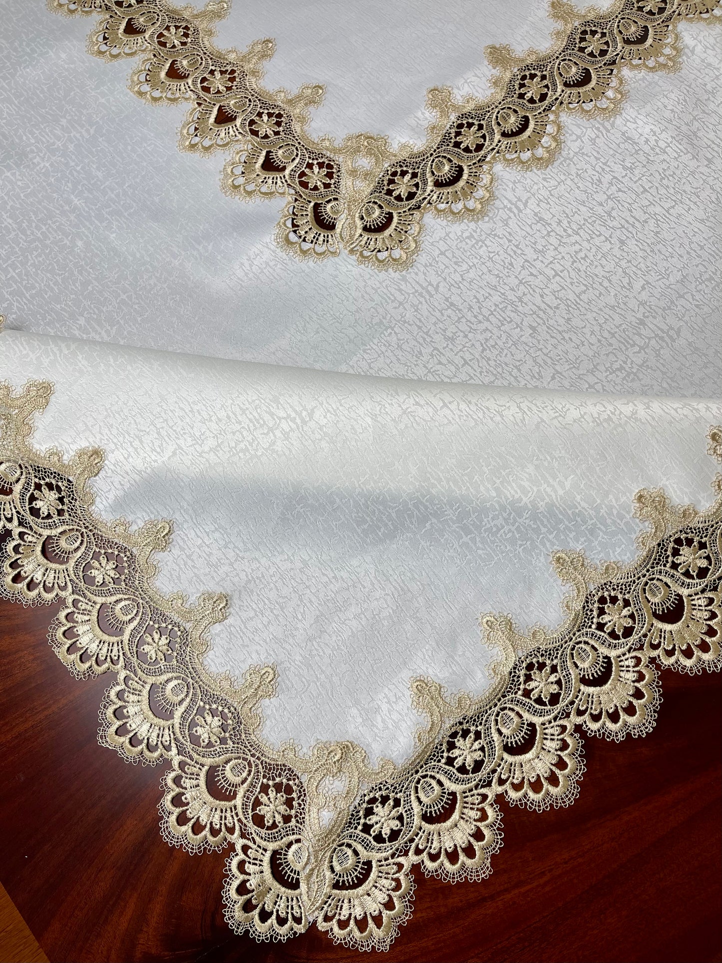 Floris Linens Ellen Victorian Embroidered Tablecloth with Classic Golden Lace and High Quality White Fabric