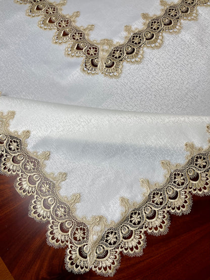 Floris Linens Ellen Victorian Embroidered Tablecloth with Classic Golden Lace and High Quality White Fabric