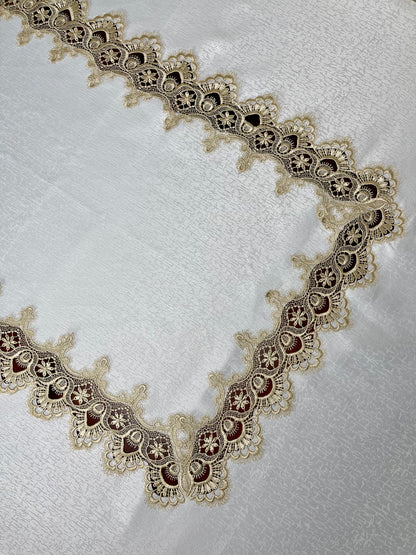 Floris Linens Ellen Victorian Embroidered Tablecloth with Classic Golden Lace and High Quality White Fabric