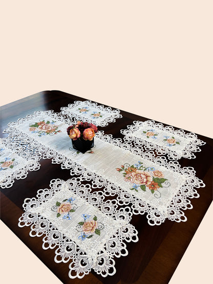 Floris Linens Judith White Lace Table Runner with Vintage Style Cross Stitched Flower Embroidery