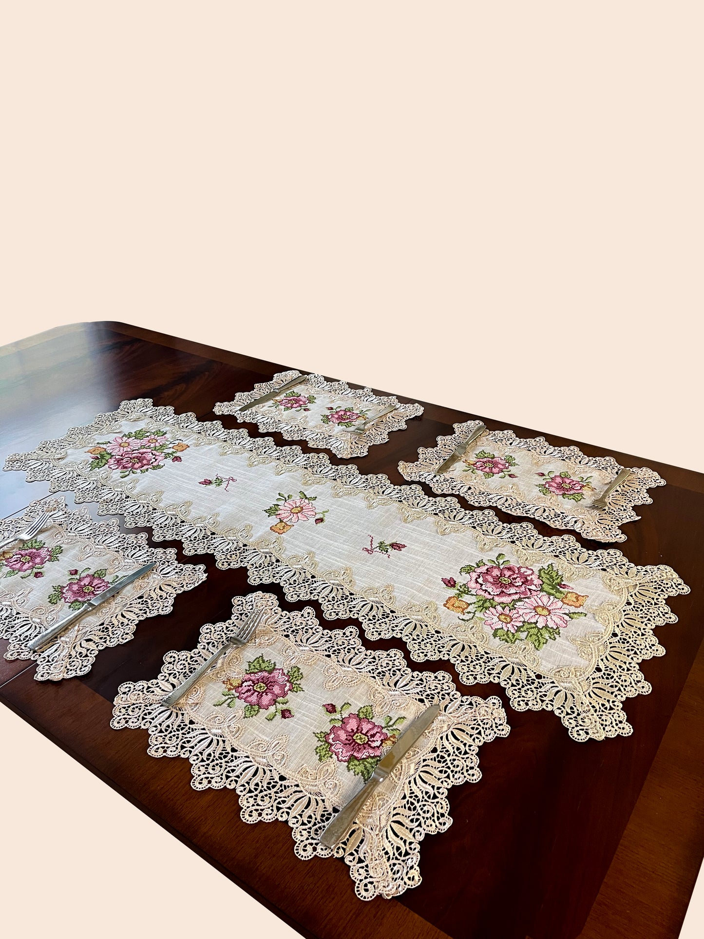 Floris Linens Katrina Cross Stitched Embroidery Laced Placemat, Natural Linen Color