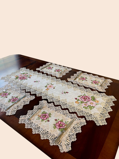 Floris Linens Katrina Cross Stitched Embroidery Laced Placemat, Natural Linen Color