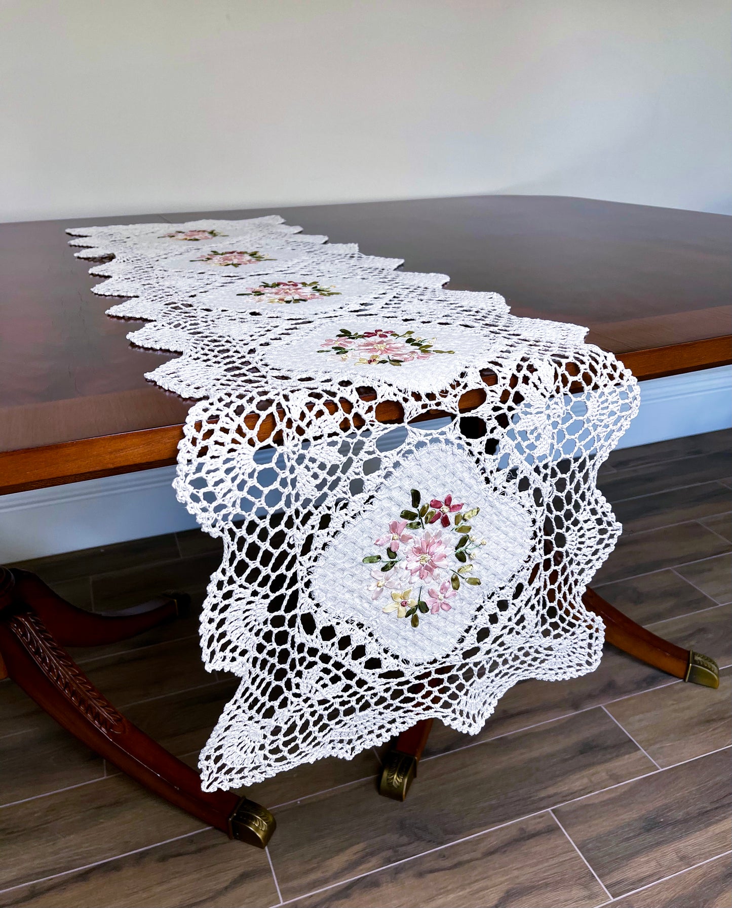 Floris Linens Kyla Crochet Patterned Table Runner with Handmade Flower Embroidery