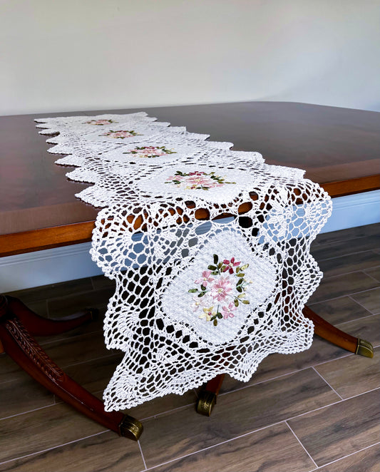 Floris Linens Kyla Crochet Patterned Table Runner with Handmade Flower Embroidery