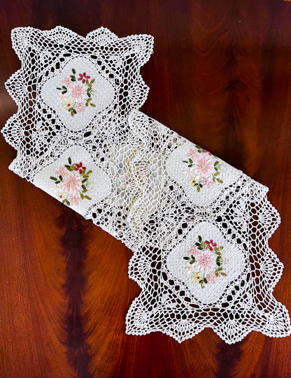 Floris Linens Kyla Crochet Patterned Table Runner with Handmade Flower Embroidery