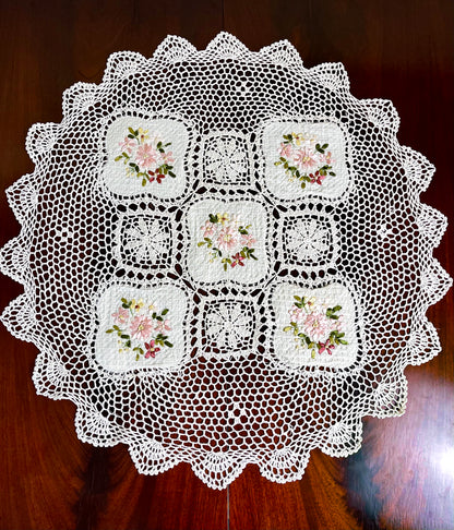 Floris Linens Kyla Crochet Patterned Table Topper with Handmade Flower Embroidery