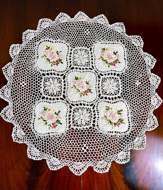 Floris Linens Kyla Crochet Patterned Table Topper with Handmade Flower Embroidery