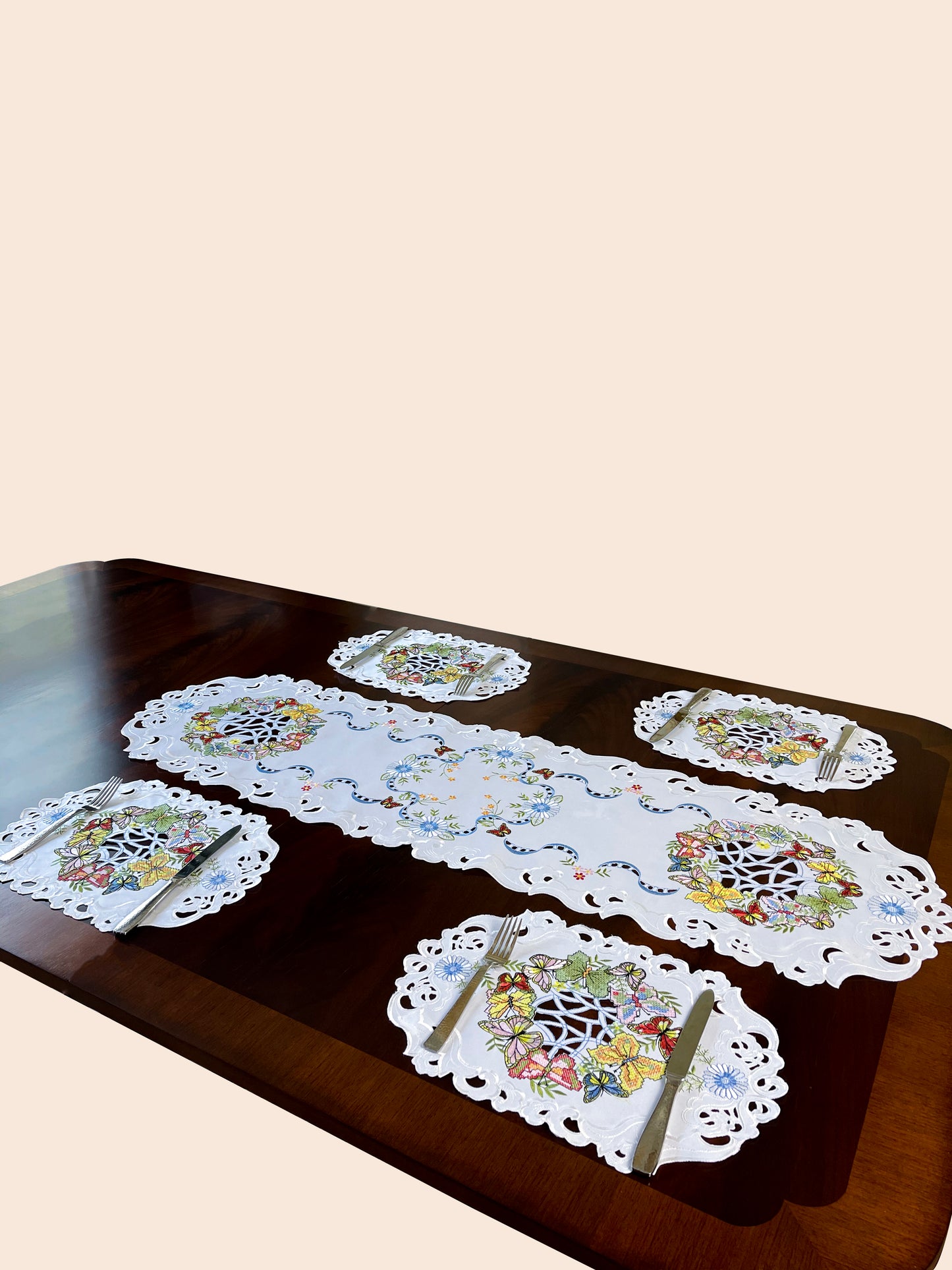 Floris Linens Marin Butterfly Embroidered Cutwork Table Runner