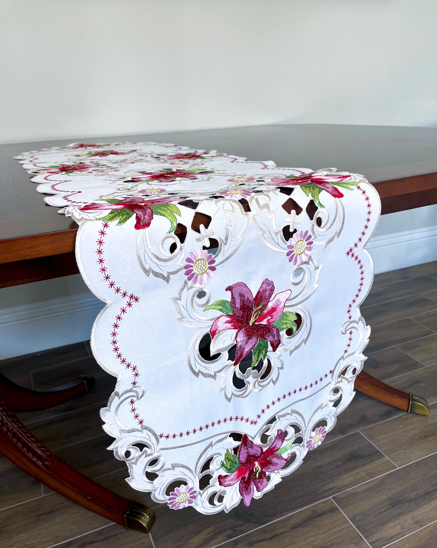 Floris Linens Maya Lily Embroidered Table Runner with Intricate Cutwork Embroidery