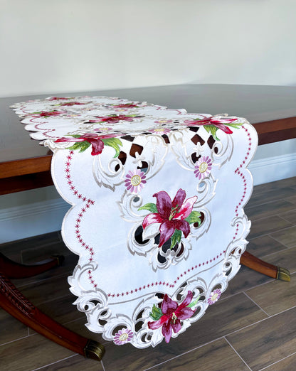 Floris Linens Maya Lily Embroidered Table Runner with Intricate Cutwork Embroidery