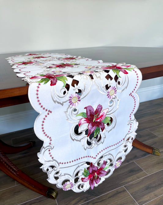 Floris Linens Maya Lily Embroidered Table Runner with Intricate Cutwork Embroidery