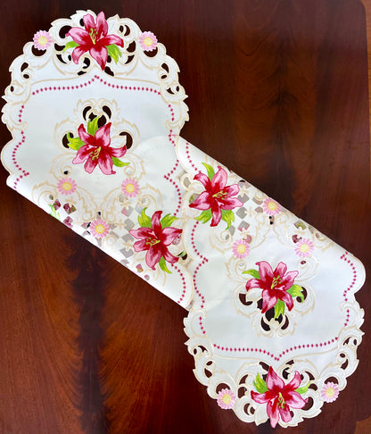 Floris Linens Maya Lily Embroidered Table Runner with Intricate Cutwork Embroidery