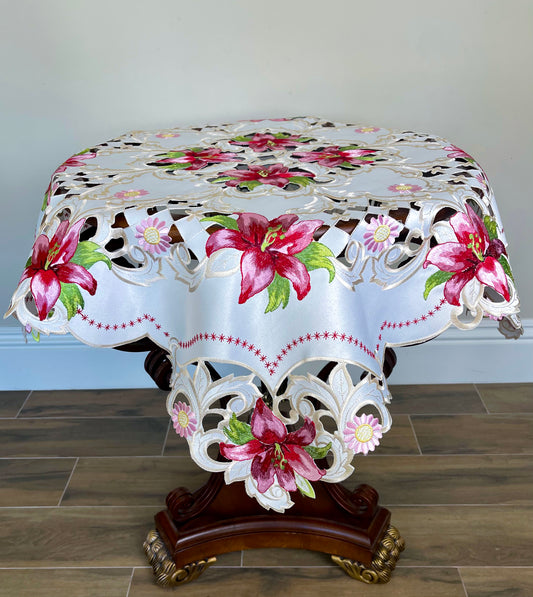 Floris Linens Maya Lily Embroidered Table Topper with Intricate Cutwork Embroidery