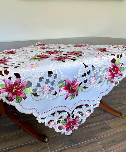 Floris Linens Maya Lily Embroidered Table Topper with Intricate Cutwork Embroidery