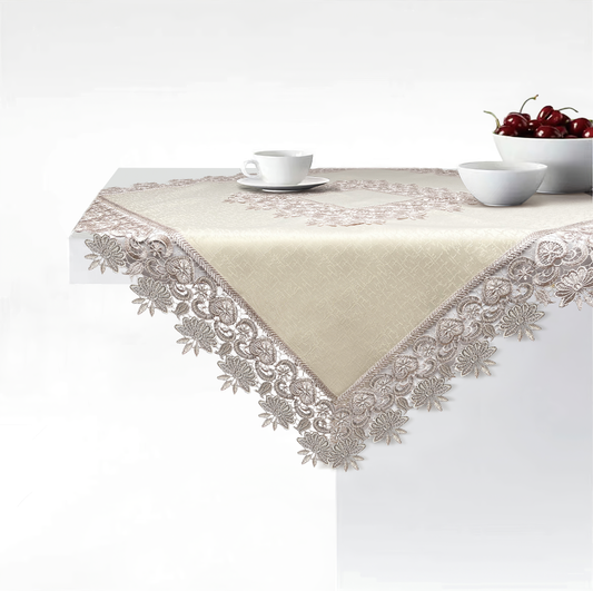 Floris Linens Susan Victorian Embroidery Table Topper with Classic Lilac Lace on Ivory Fabric