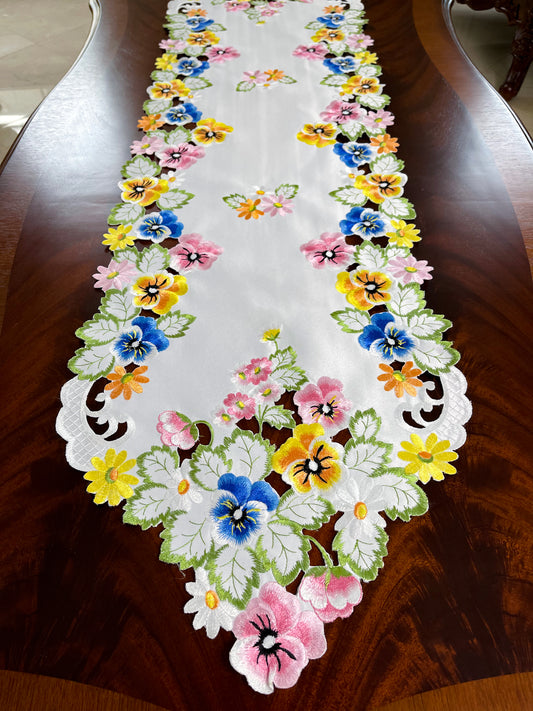Floris Linens Riley Floral Table Runner with Spring Flowers Embroidery