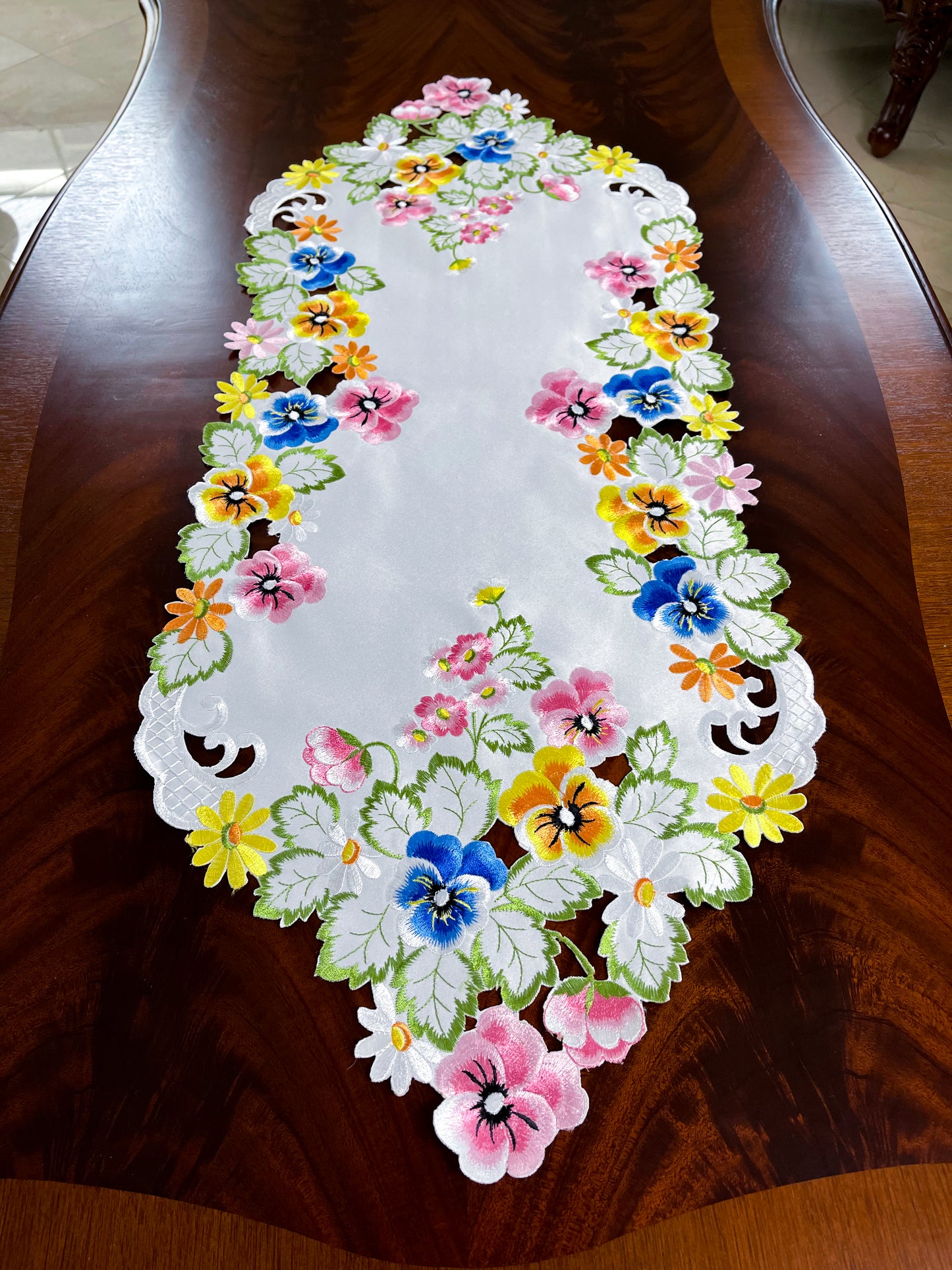 Floris Linens Riley Floral Table Runner with Spring Flowers Embroidery