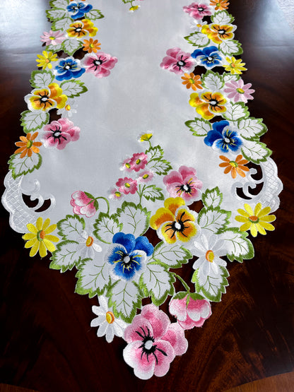 Floris Linens Riley Floral Table Runner with Spring Flowers Embroidery