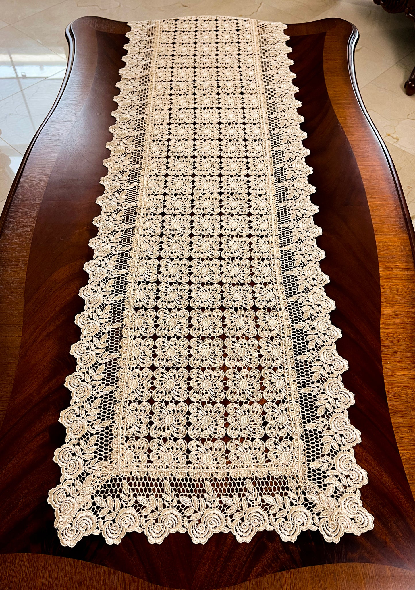 Floris Linens Galen Laced Table Runner with Elegant Geometric Embroidery Pattern