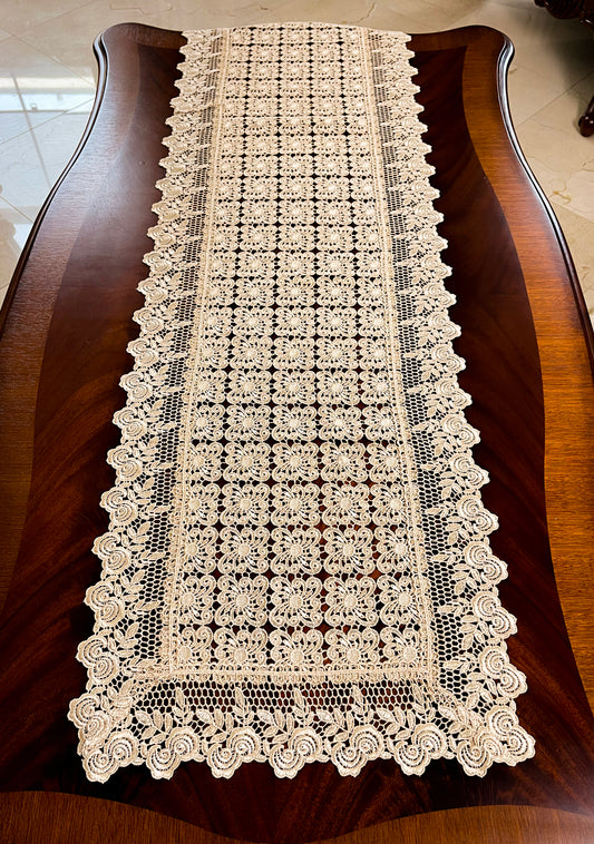 Floris Linens Galen Laced Table Runner with Elegant Geometric Embroidery Pattern