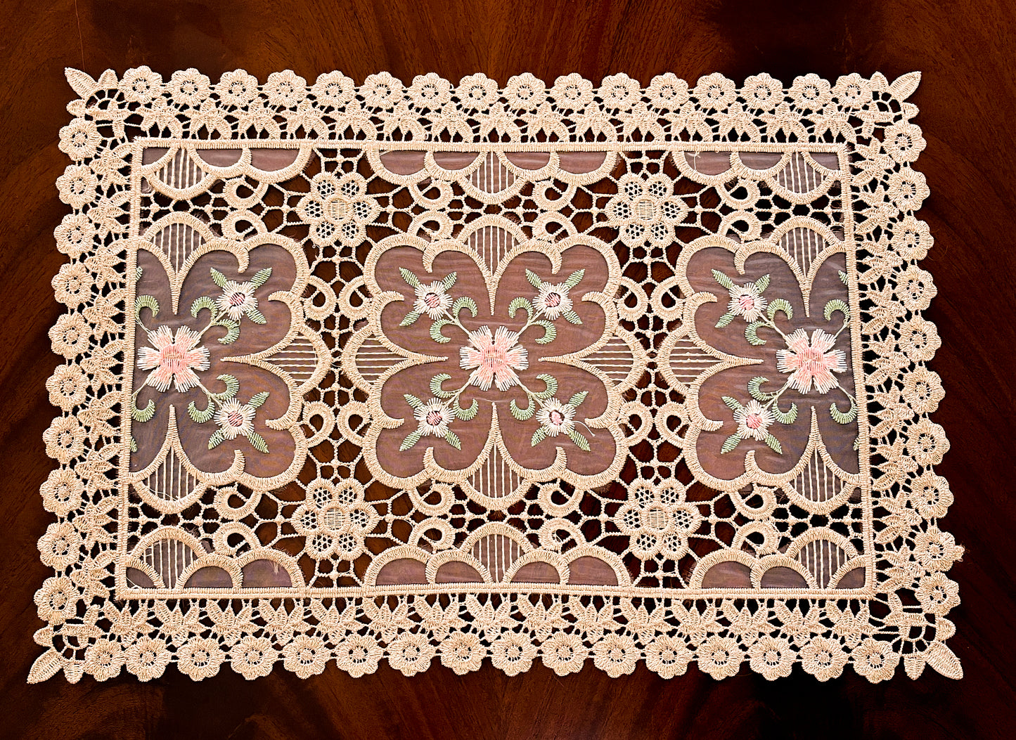 Floris Linens Doris European Lace Pattern Placemat with Pink Floral Embroidery, Beige