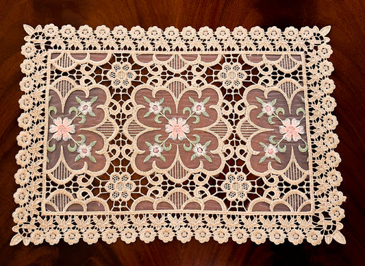 Floris Linens Doris European Lace Pattern Placemat with Pink Floral Embroidery, Beige