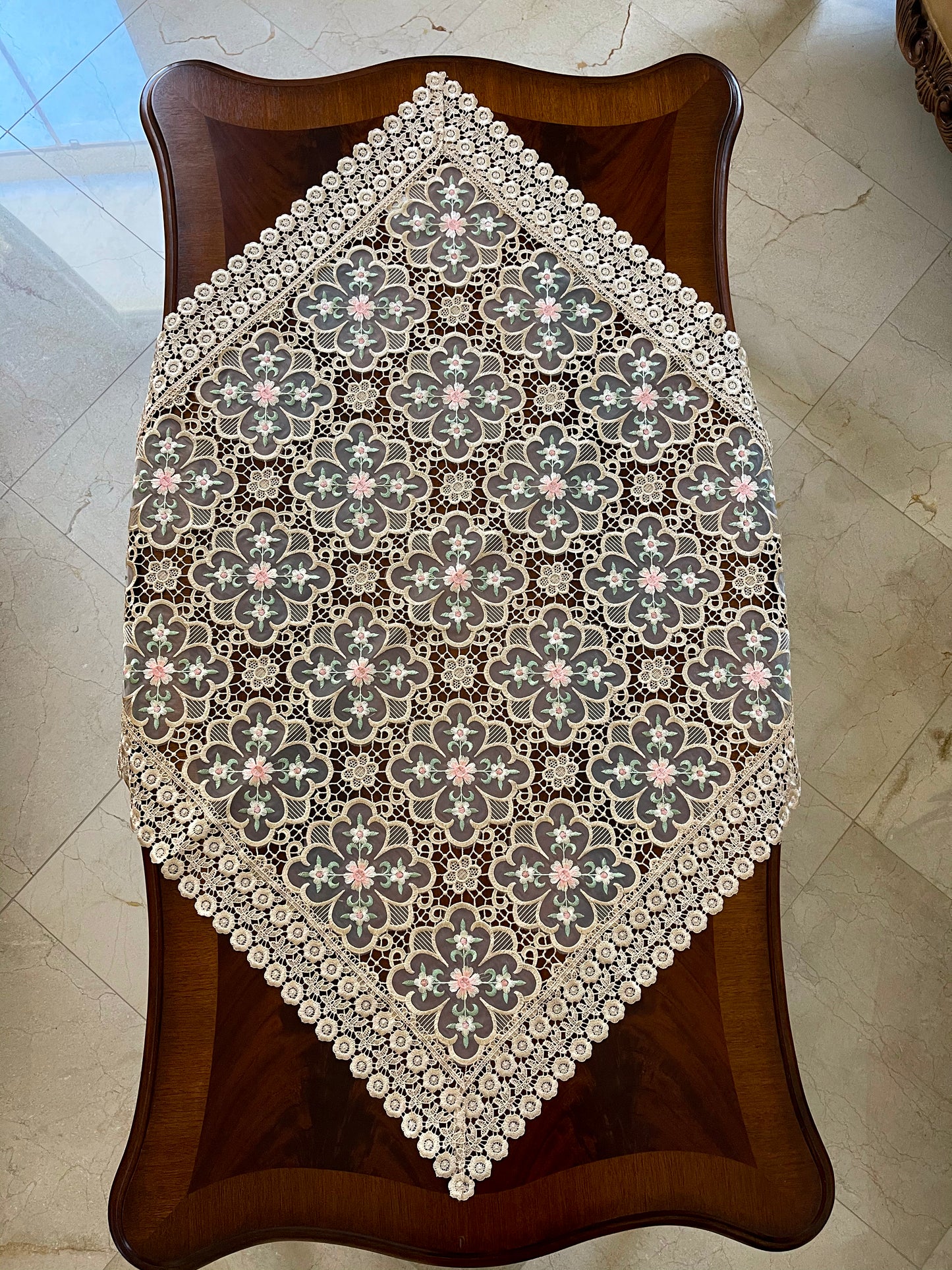 Floris Linens Doris European Lace Pattern Table Topper with Pink Floral Embroidery, Beige