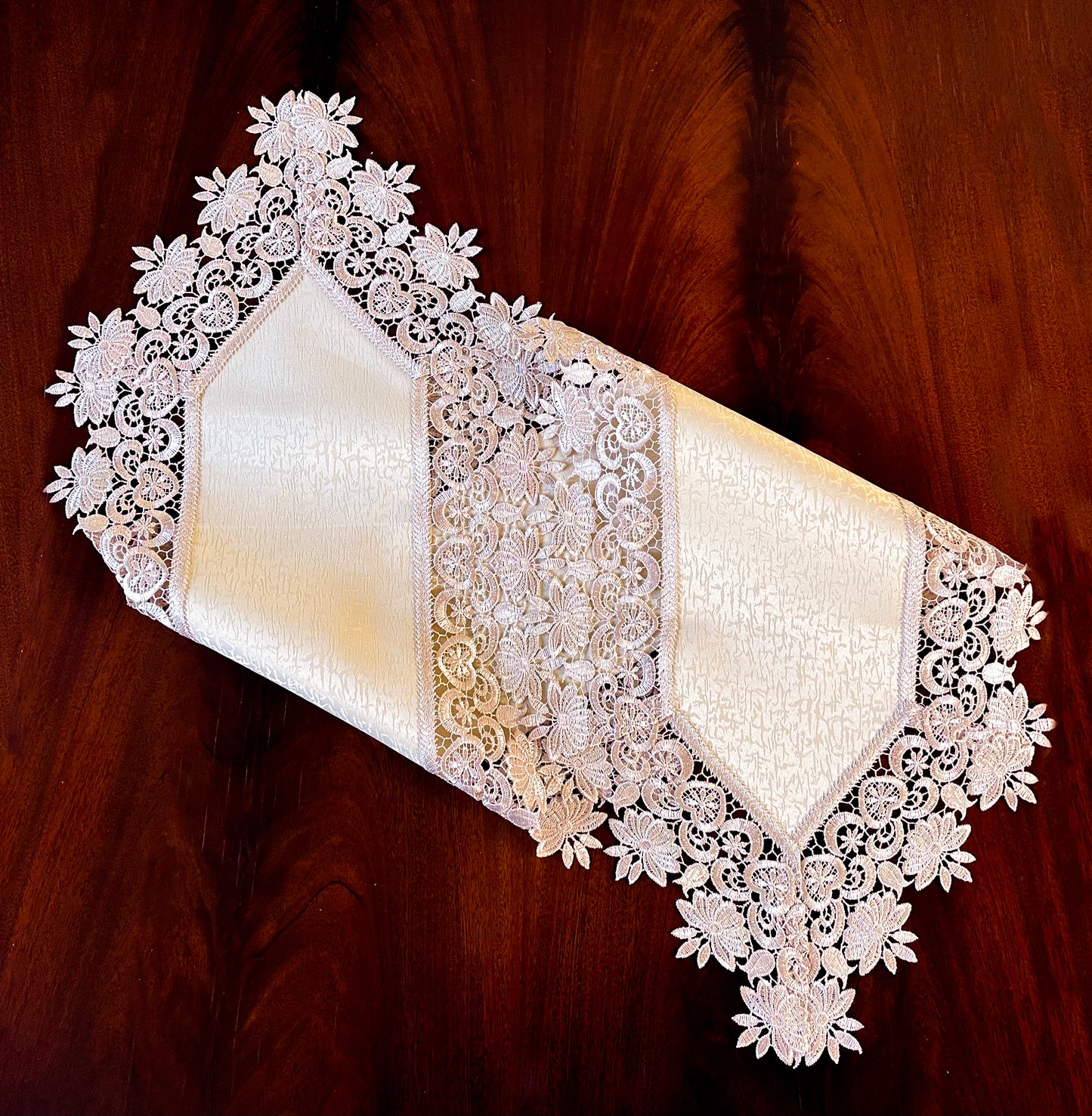 Floris Linens Susan Victorian Embroidery Table Runner with Classic Lilac Lace on Ivory Fabric