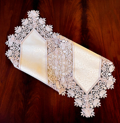 Floris Linens Susan Victorian Embroidery Table Runner with Classic Lilac Lace on Ivory Fabric