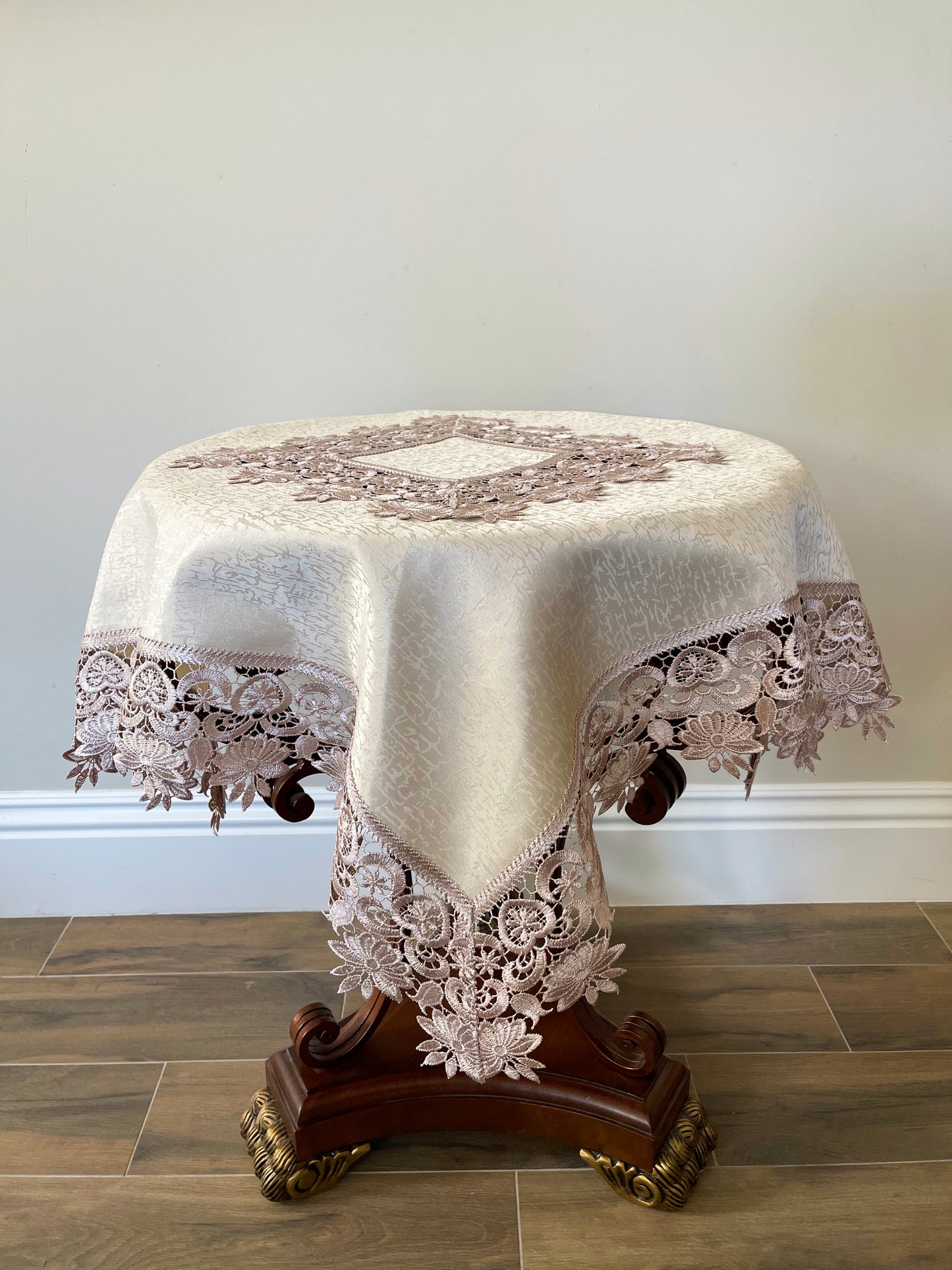 Floris Linens Susan Victorian Embroidery Table Topper with Classic Lilac Lace on Ivory Fabric