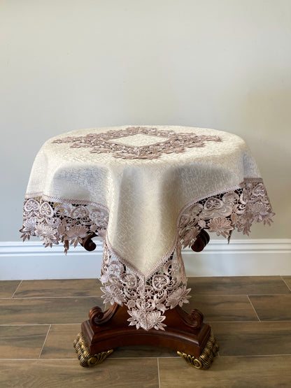 Floris Linens Susan Victorian Embroidery Table Topper with Classic Lilac Lace on Ivory Fabric