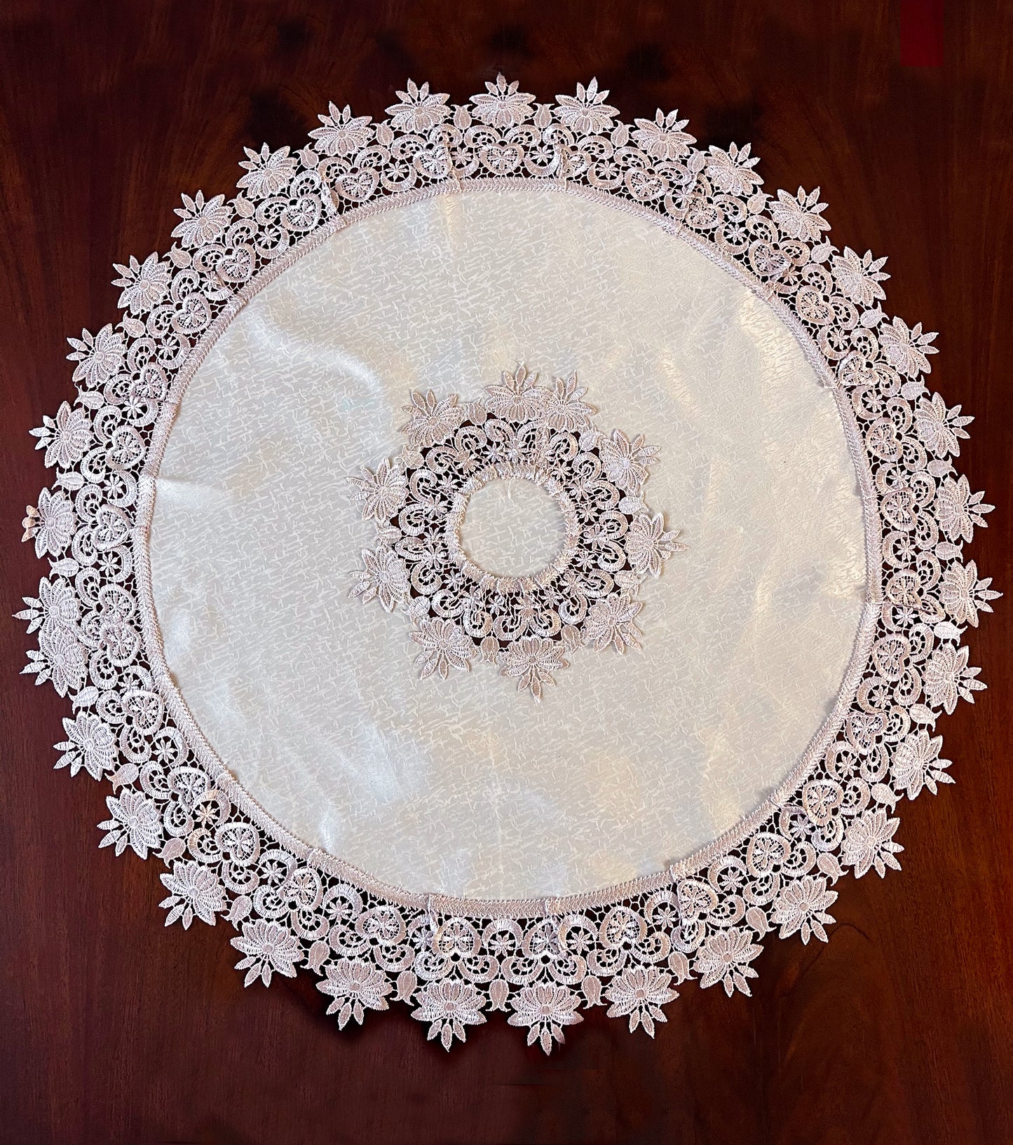 Floris Linens Susan Victorian Embroidery Table Topper with Classic Lilac Lace on Ivory Fabric